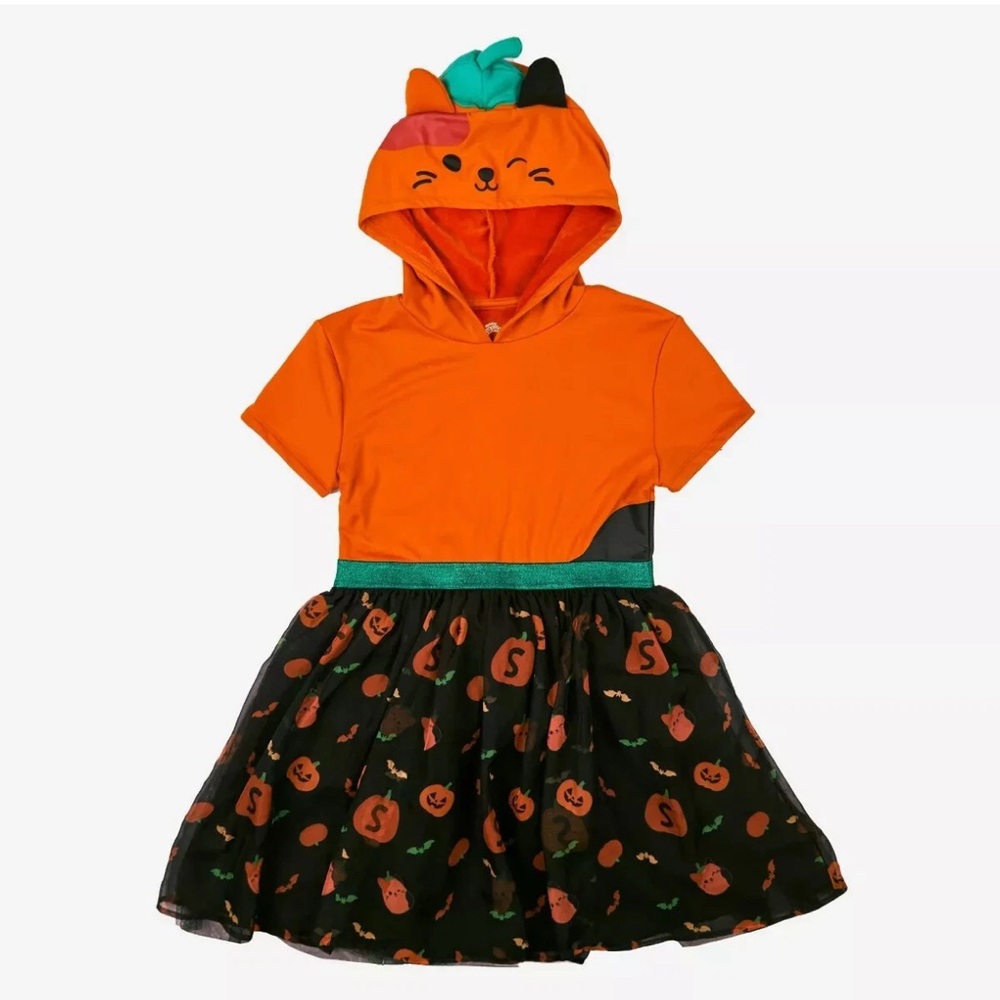 Girls’ Squishmallows Halloween Pumpkin Cam The Cat Dress Black/Orange Size M, XL